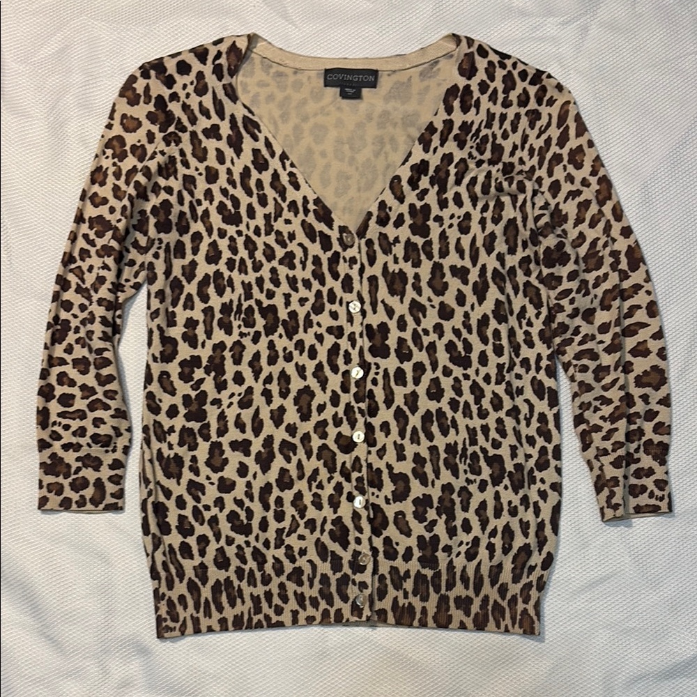 Covington Leopard Cardigan Sweater in Tan and Brown Size S *PRE-OWNED*